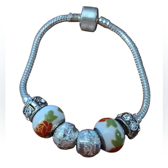 Vintage Silver Tone Slide Charm Bracelet Hand Painted Floral & Sparkle Beads  7" - Picture 6 of 6